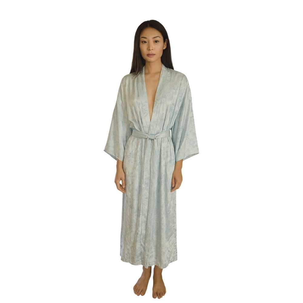 Vintage Light Blue‎ Floral Jacquard Kimono Robe Full Length Tie Waist